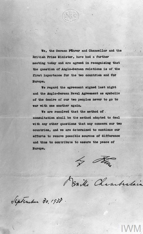Adolf Hitler and Neville Chamberlain signed this document the day after the Munich agreement to confirm the Anglo-German Declaration of non aggression